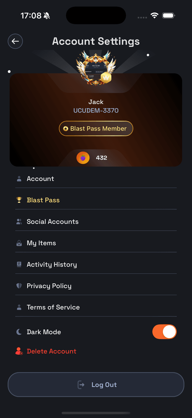 Account Settings Screen showing the Delete Account option at the bottom